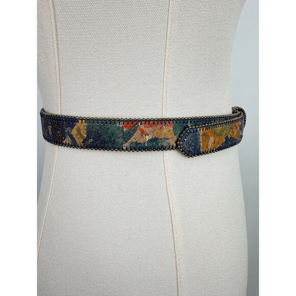Vintage belt women\'s S/M watercolor abstract print beaded leather blue gold boho main image 5